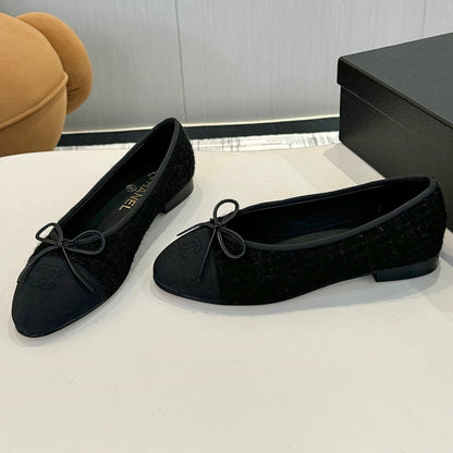 BALLET FLATS IN BLACK TWEED AND FABRIC