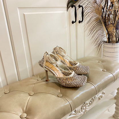 LACE-UP SANDAL IN WHITE CREAM METALLIZED MESH AND LEATHER WITH RHINSTONES 9 CM