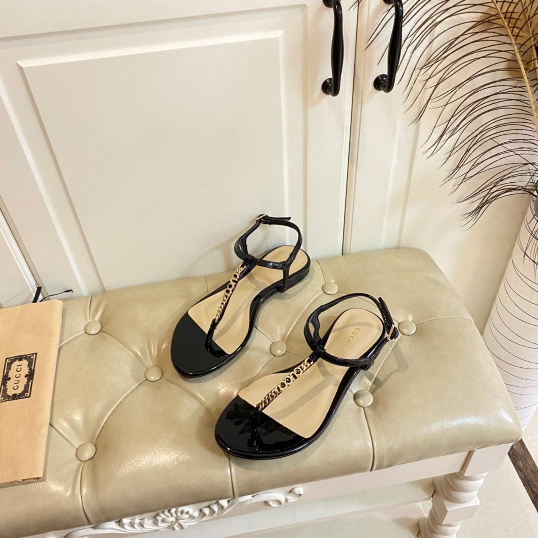 GG SIGNORINA THONG SANDALS IN BLACK MIX BEIGE SHEEPSKIN