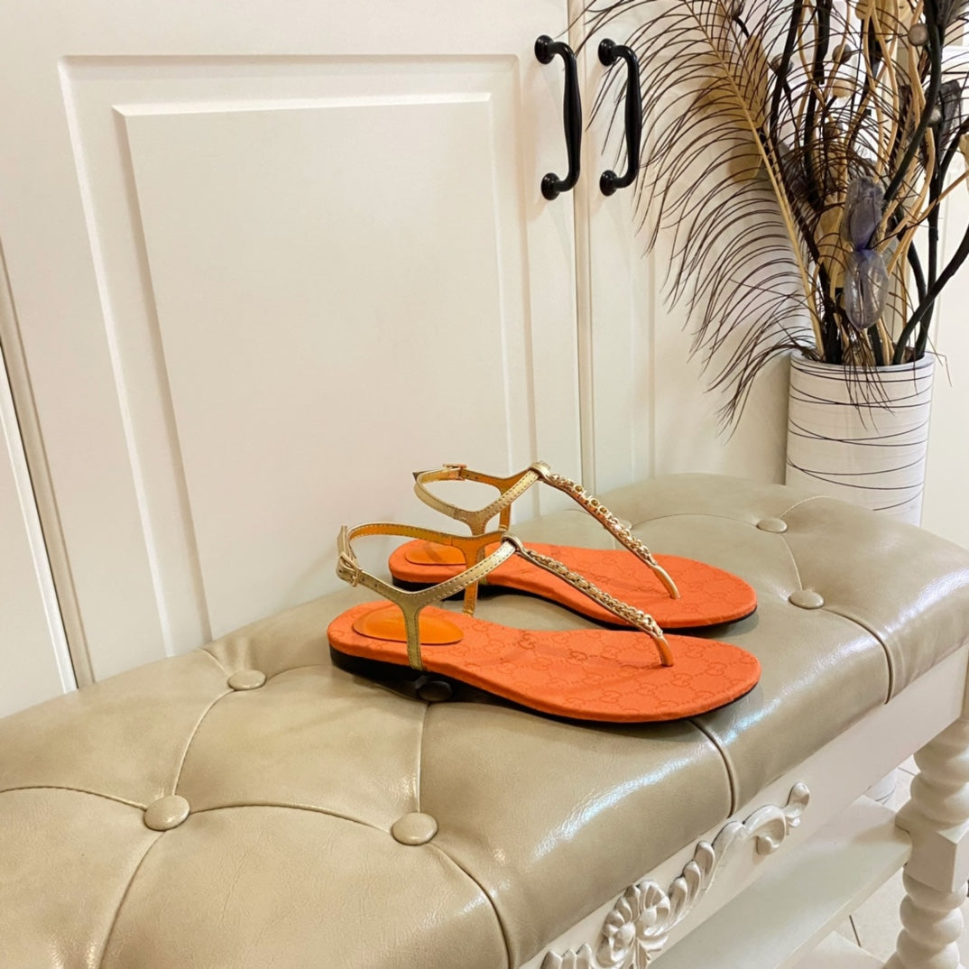 GG SIGNORINA THONG SANDALS IN GOLD MIX ORANGE SHEEPSKIN