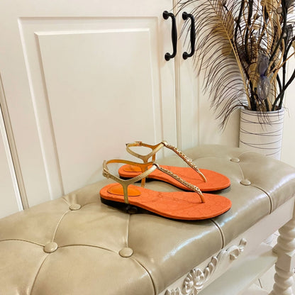 GG SIGNORINA THONG SANDALS IN GOLD MIX ORANGE SHEEPSKIN