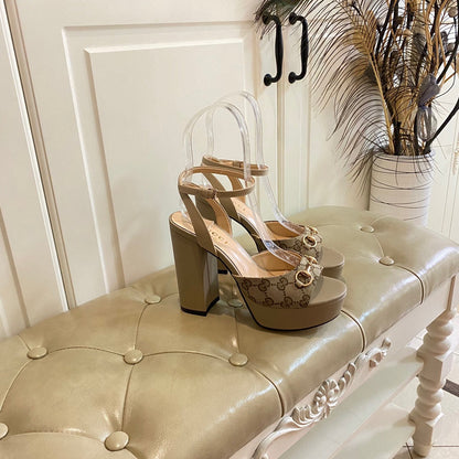 GG HORSEBIT PLATFORM SANDAL IN KHAKI BEIGE MONOGRAM CANVAS AND SHEEPSKIN LINING