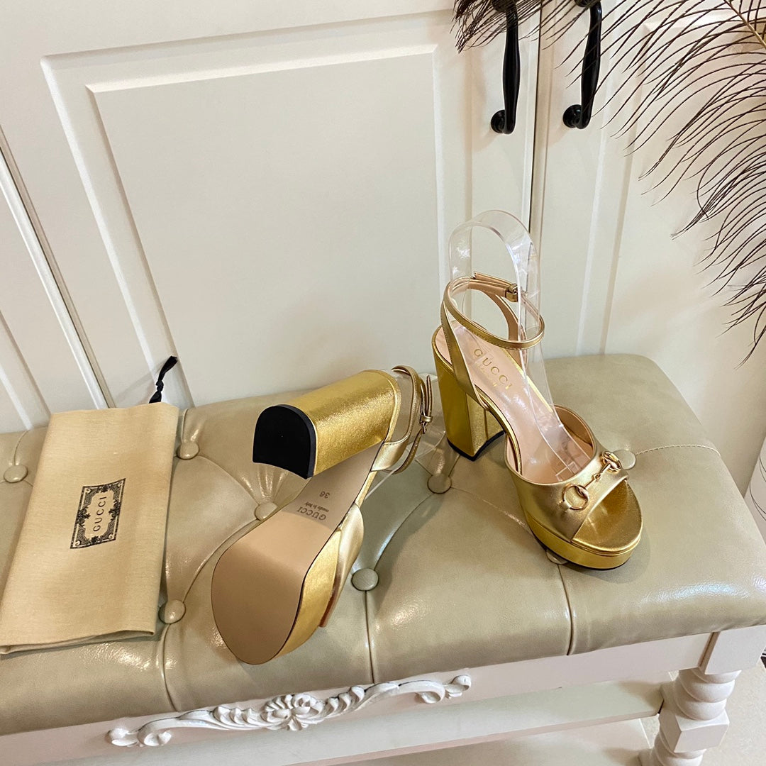 GG HORSEBIT PLATFORM SANDAL IN GOLD YELLOW SHEEPSKIN