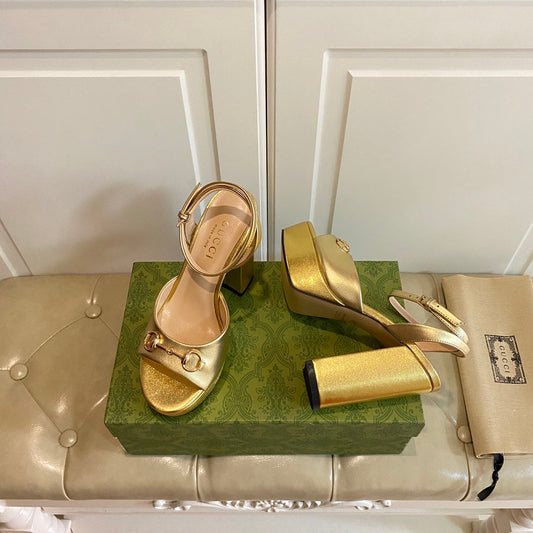 GG HORSEBIT PLATFORM SANDAL IN GOLD YELLOW SHEEPSKIN