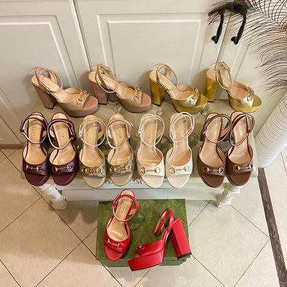 GG HORSEBIT PLATFORM SANDAL IN WHEAT BEIGE MIX LIGHT PINK SHEEPSKIN