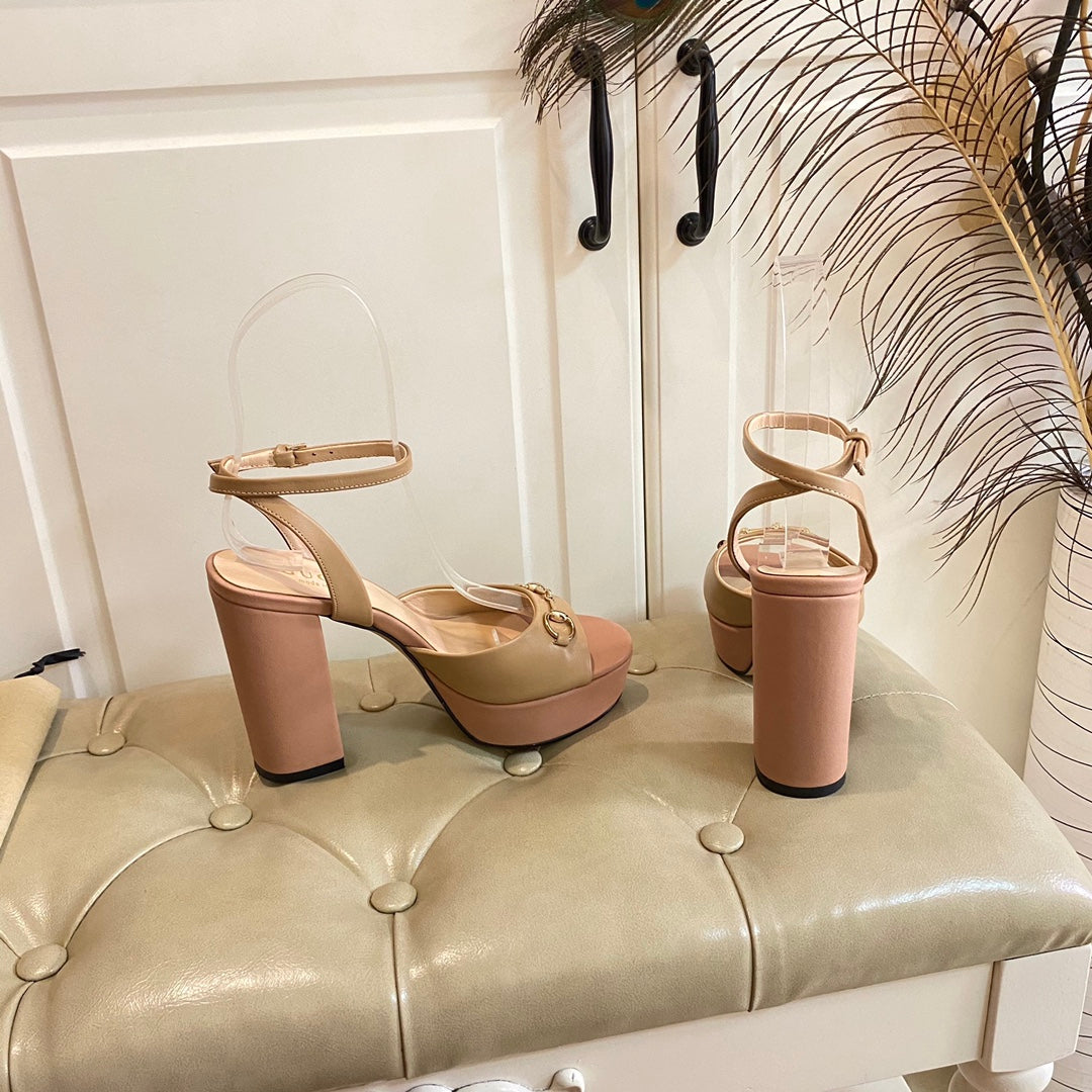 GG HORSEBIT PLATFORM SANDAL IN WHEAT BEIGE MIX LIGHT PINK SHEEPSKIN