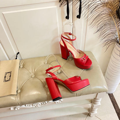 GG HORSEBIT PLATFORM SANDAL IN SCARLET RED SHEEPSKIN