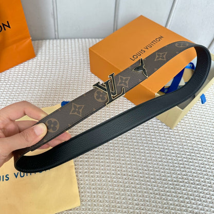 Pretty LV 30mm Reversible Belt Black Gold Buckle Black Brown Leather