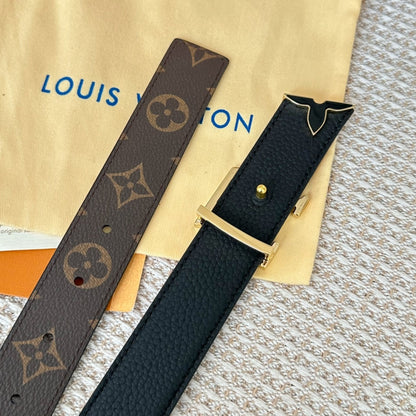 Pretty LV 30mm Reversible Belt Black Gold Buckle Black Brown Leather