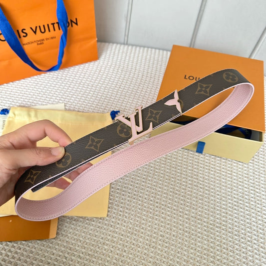 Pretty LV 30mm Reversible Belt Pink Gold Buckle Pink Brown Leather