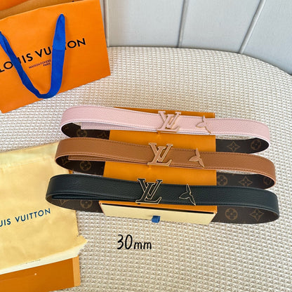 Pretty LV 30mm Reversible Belt Tan Gold Buckle Tan Brown Leather