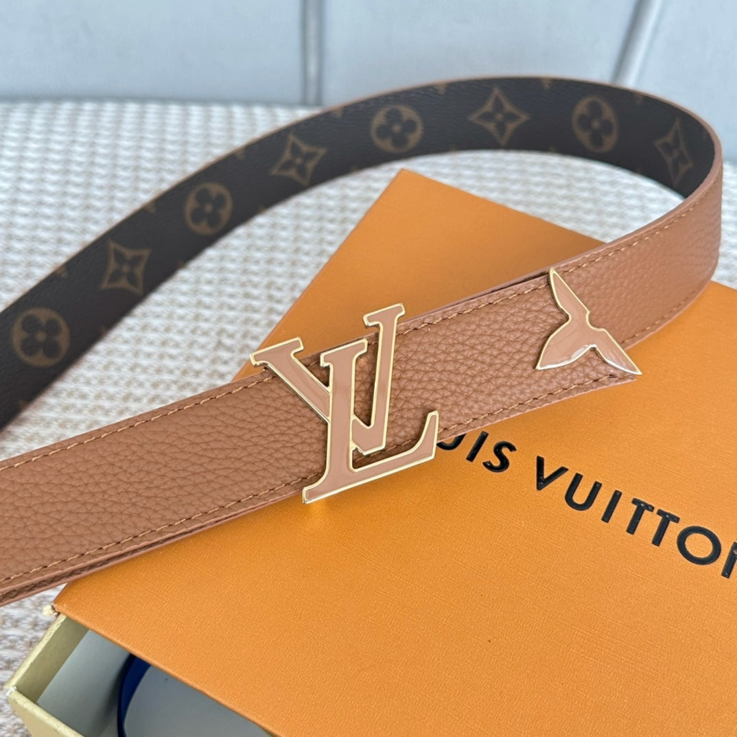 Pretty LV 30mm Reversible Belt Tan Gold Buckle Tan Brown Leather