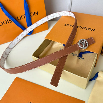 LV Circle Nautical 20mm Reversible Square End Tip Belt Silver Buckle Tan White lambskin