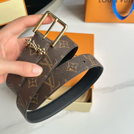 LV Bloom 30mm Belt Gold Buckle Black Brown Leather