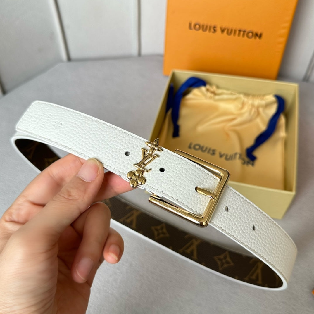 LV Bloom 30mm Belt Gold Buckle White Brown Leather