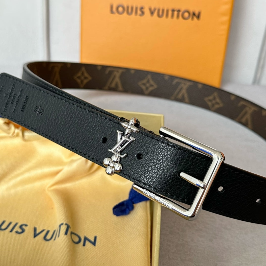 LV Bloom 30mm Belt Silver Buckle Black Brown Leather