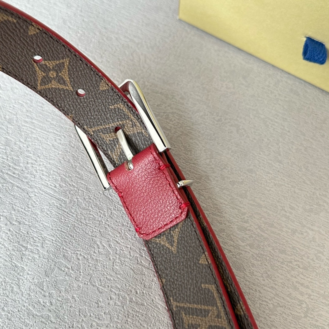 LV Bloom 30mm Belt Silver Buckle Burgundy Brown Leather