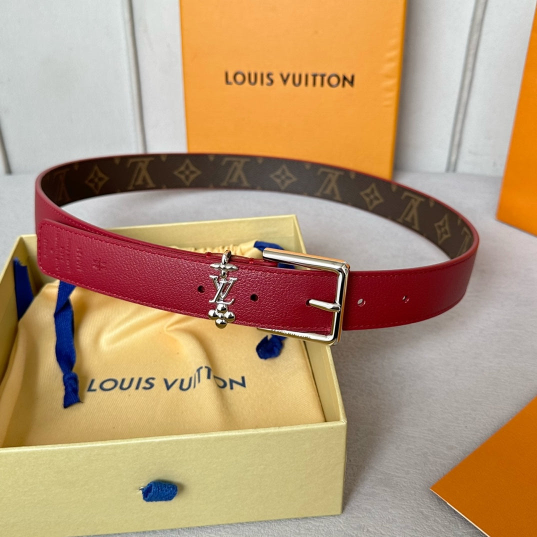 LV Bloom 30mm Belt Silver Buckle Burgundy Brown Leather