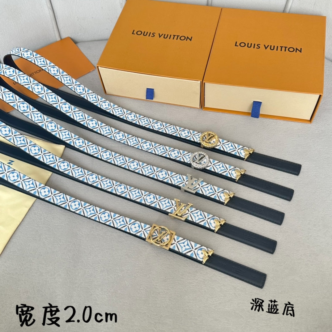 PRETTY LV 20MM REVERSIBLE BELT WHITE AND BLUE CALFSKIN GOLD HARDWARE