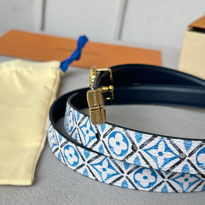 LV Circle Nautical 20mm Reversible Belt Gold Buckle Black White Blue Lambskin