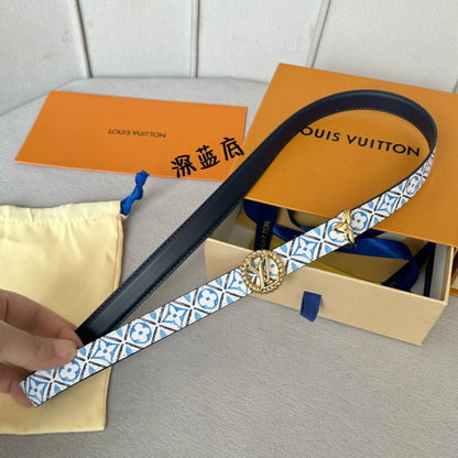 PRETTY LV 20MM REVERSIBLE BELT WHITE AND BLUE CALFSKIN GOLD HARDWARE