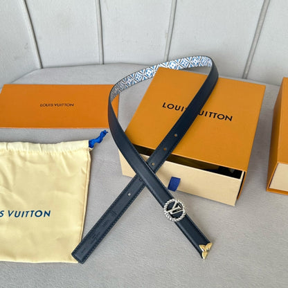 LV Circle Nautical 20mm Reversible Belt Silver Buckle Black White Blue Lambskin