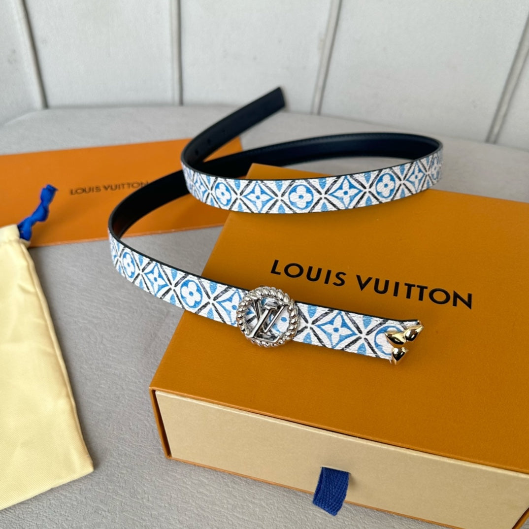 LV Circle Nautical 20mm Reversible Belt Silver Buckle Black White Blue Lambskin