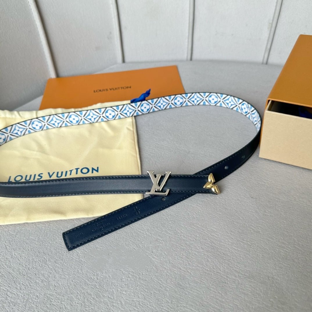 Pretty LV 20mm Reversible Belt Silver Buckle Black White Blue Leather