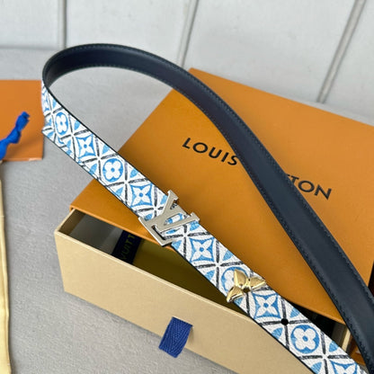 Pretty LV 20mm Reversible Belt Silver Buckle Black White Blue Leather