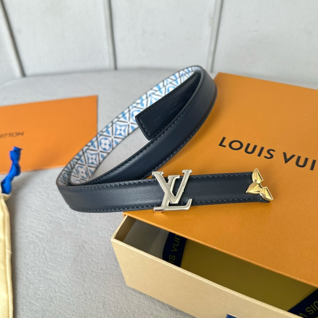 Pretty LV 20mm Reversible Belt Silver Buckle Black White Blue Leather