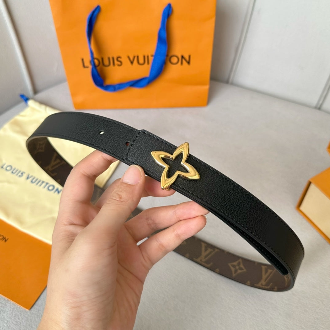 LV  MINI FLOWERGRAM 30MM REVERSIBLE BELT IN BLACK CALFSKIN GOLD HARDWARE