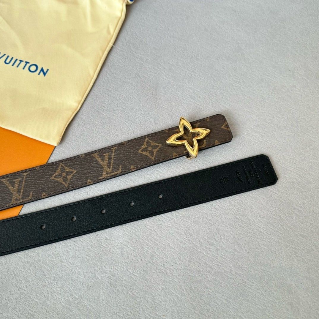 LV  MINI FLOWERGRAM 30MM REVERSIBLE BELT IN BLACK CALFSKIN GOLD HARDWARE