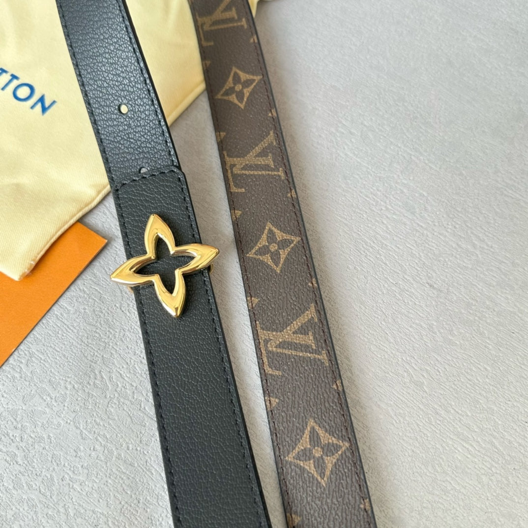 LV  MINI FLOWERGRAM 30MM REVERSIBLE BELT IN BLACK CALFSKIN GOLD HARDWARE