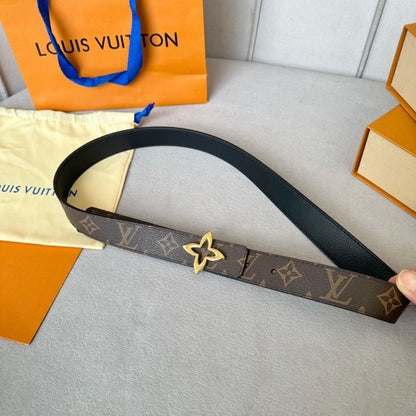 LV  MINI FLOWERGRAM 30MM REVERSIBLE BELT IN BLACK CALFSKIN GOLD HARDWARE