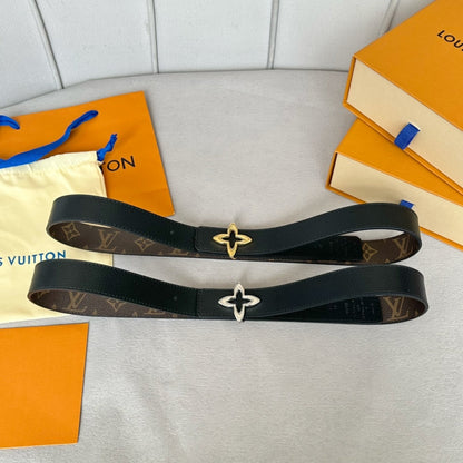 LV  MINI FLOWERGRAM 30MM REVERSIBLE BELT IN BLACK CALFSKIN GOLD HARDWARE