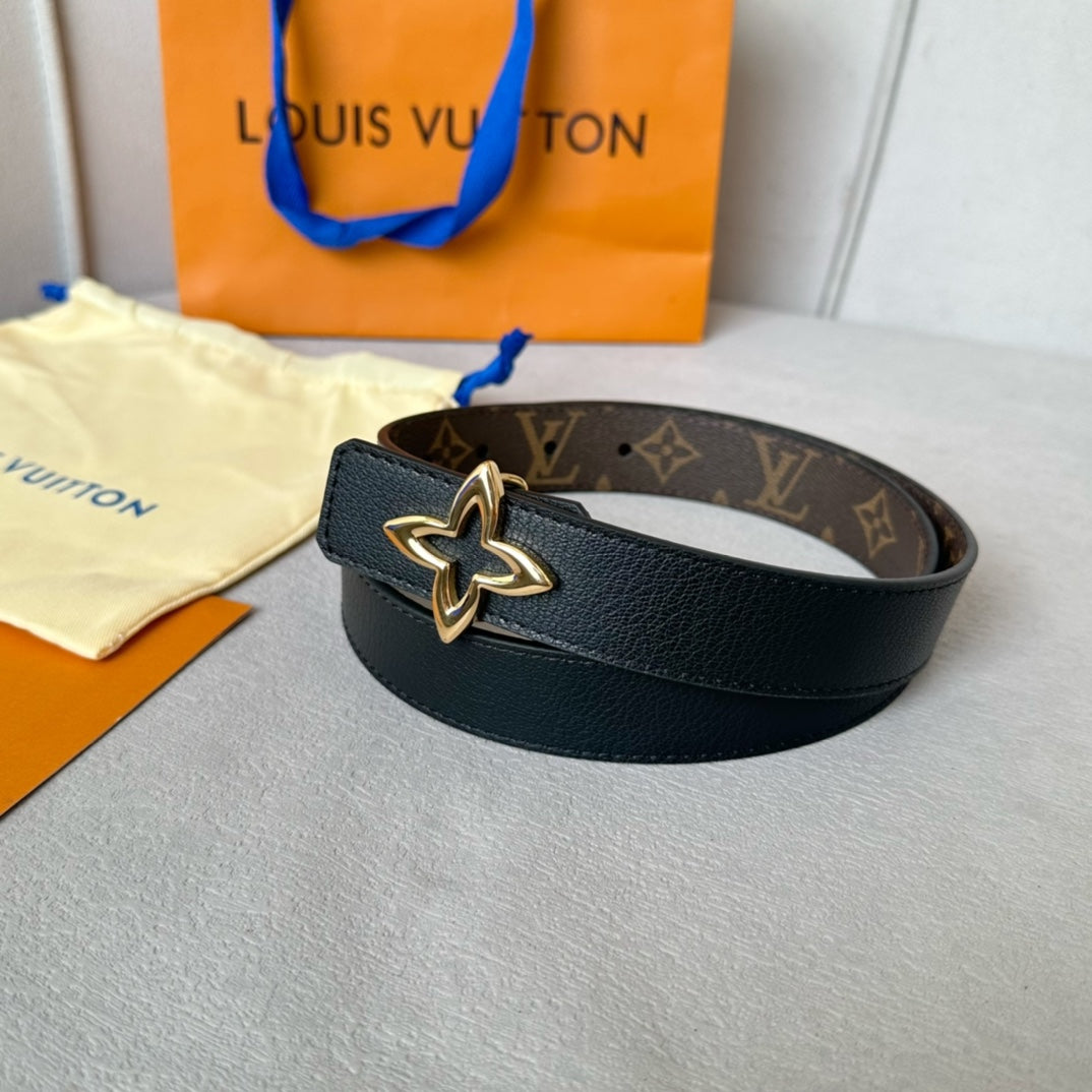 LV  MINI FLOWERGRAM 30MM REVERSIBLE BELT IN BLACK CALFSKIN GOLD HARDWARE