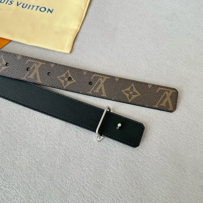 LV  MINI FLOWERGRAM 30MM REVERSIBLE BELT IN BLACK CALFSKIN SILVER HARDWARE