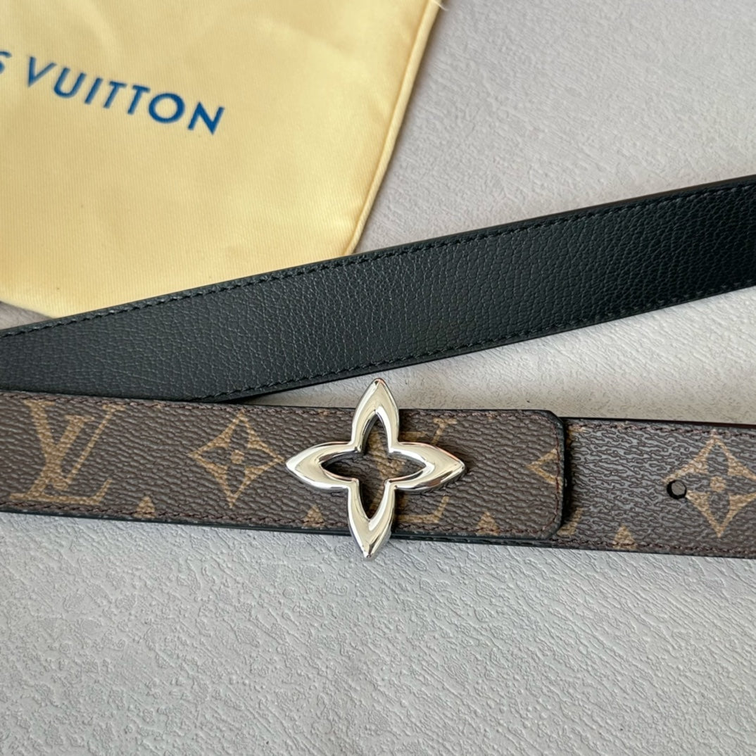 LV  MINI FLOWERGRAM 30MM REVERSIBLE BELT IN BLACK CALFSKIN SILVER HARDWARE