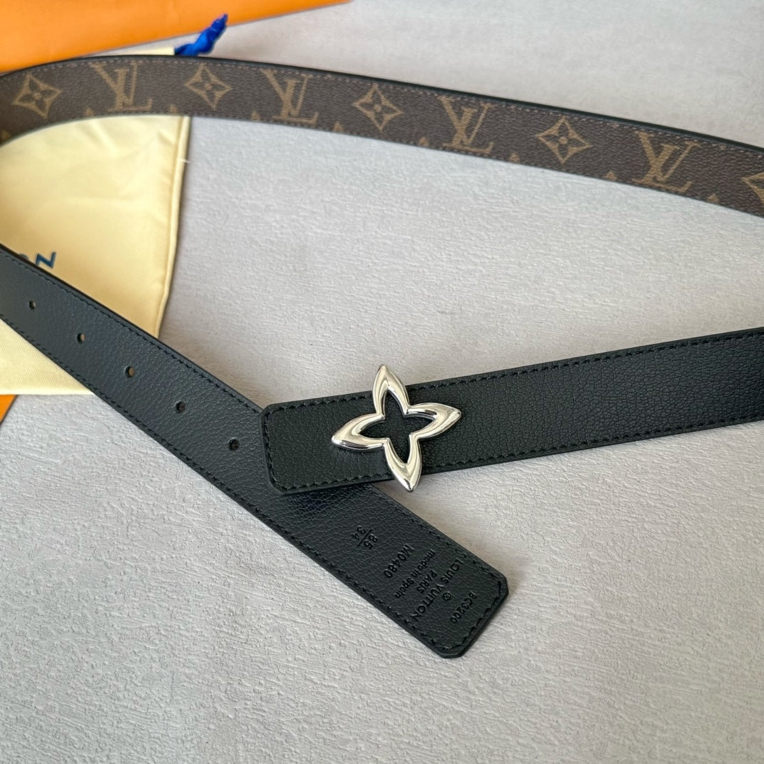 LV  MINI FLOWERGRAM 30MM REVERSIBLE BELT IN BLACK CALFSKIN SILVER HARDWARE