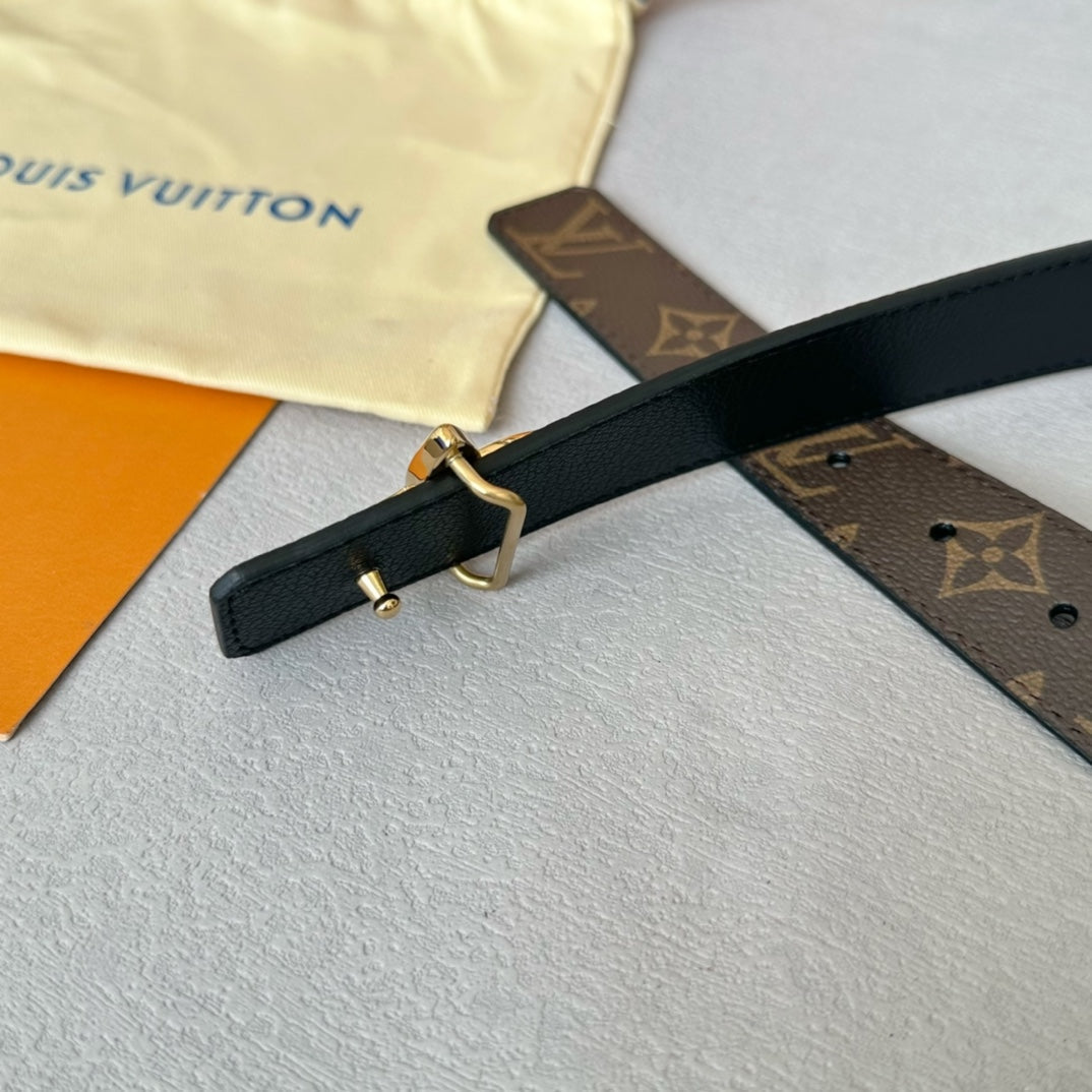 LV  MINI FLOWERGRAM 30MM REVERSIBLE BELT IN BLACK CALFSKIN GOLD HARDWARE
