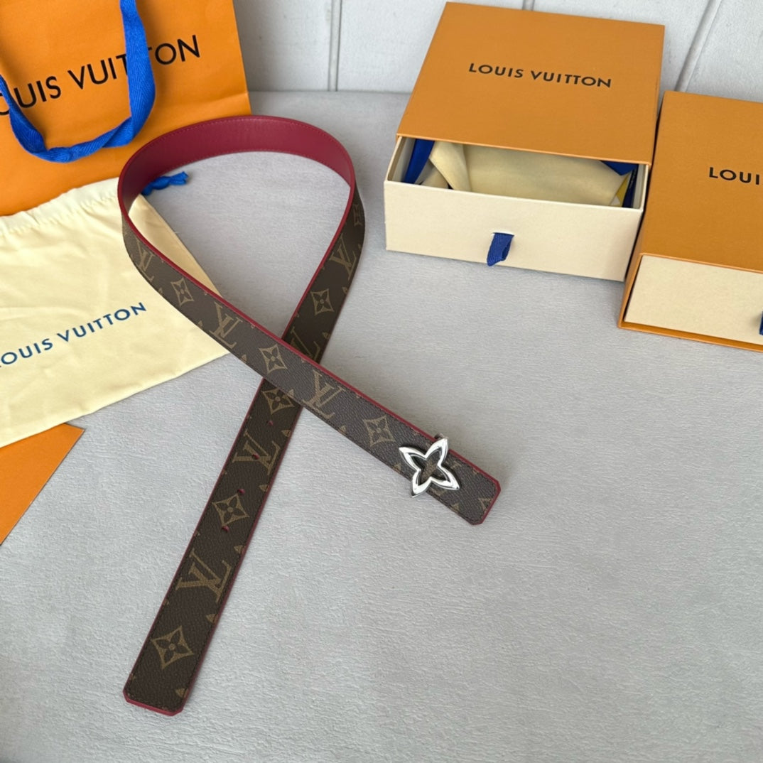 LV  MINI FLOWERGRAM 30MM REVERSIBLE BELT IN BLOOD RED CALFSKIN SILVER HARDWARE
