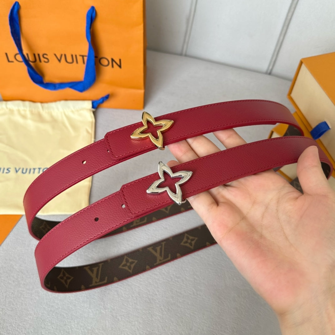 LV  MINI FLOWERGRAM 30MM REVERSIBLE BELT IN BLOOD RED CALFSKIN SILVER HARDWARE