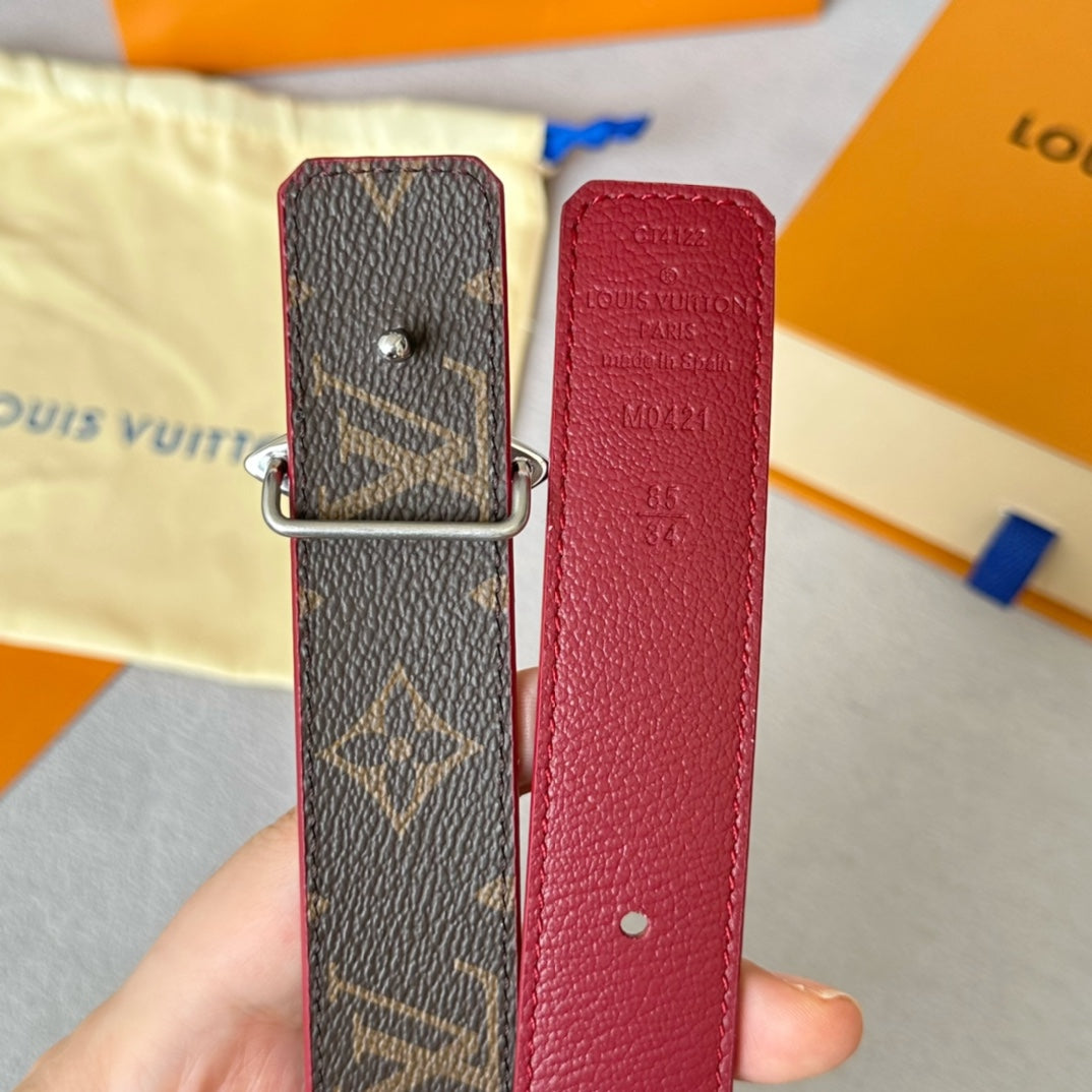 LV  MINI FLOWERGRAM 30MM REVERSIBLE BELT IN BLOOD RED CALFSKIN SILVER HARDWARE