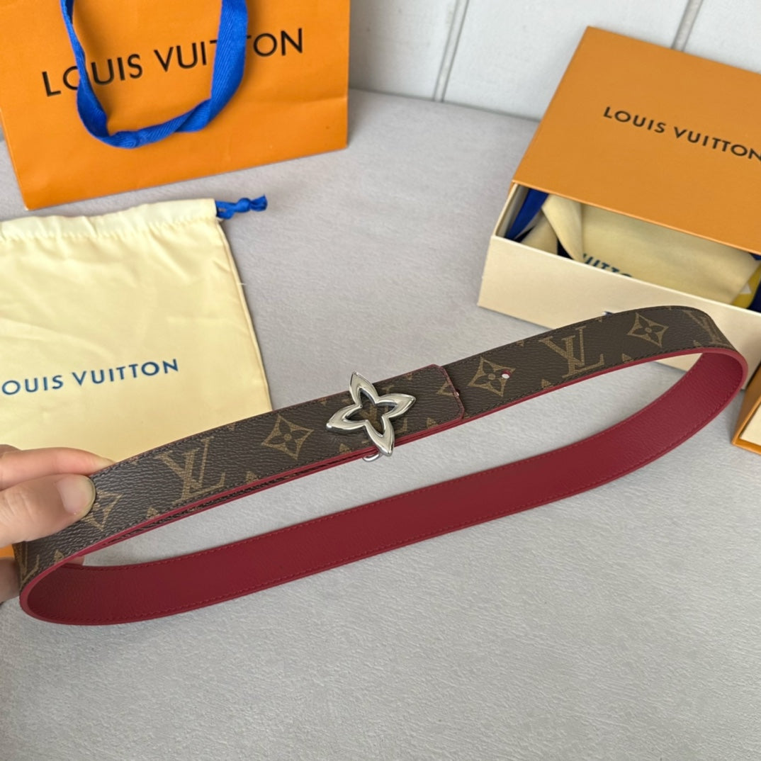 LV  MINI FLOWERGRAM 30MM REVERSIBLE BELT IN BLOOD RED CALFSKIN SILVER HARDWARE