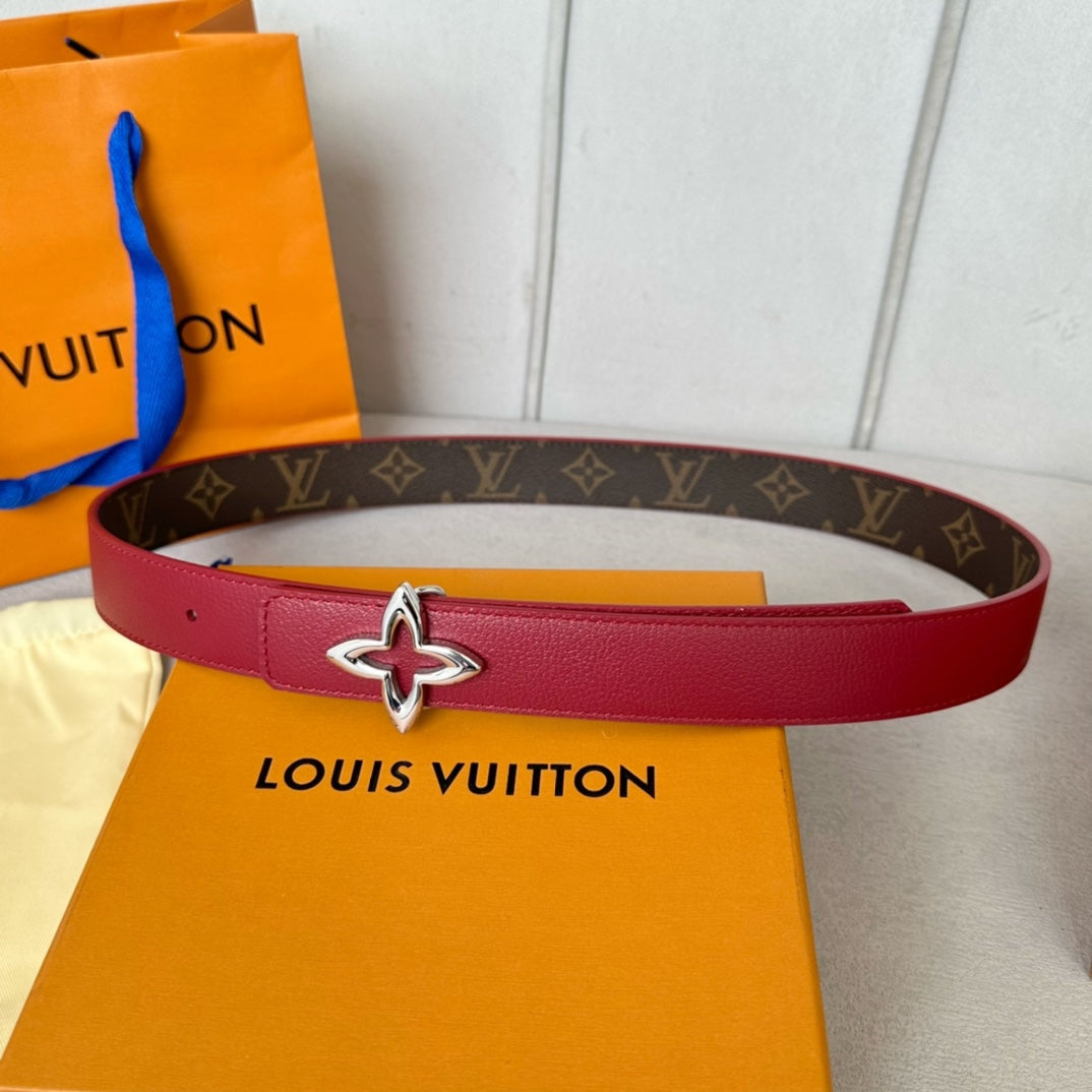 LV  MINI FLOWERGRAM 30MM REVERSIBLE BELT IN BLOOD RED CALFSKIN SILVER HARDWARE