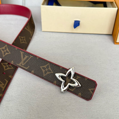 LV  MINI FLOWERGRAM 30MM REVERSIBLE BELT IN BLOOD RED CALFSKIN SILVER HARDWARE