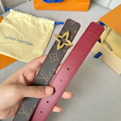 LV  MINI FLOWERGRAM 30MM REVERSIBLE BELT IN BLOOD RED CALFSKIN GOLD HARDWARE