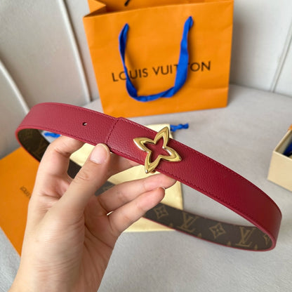LV  MINI FLOWERGRAM 30MM REVERSIBLE BELT IN BLOOD RED CALFSKIN GOLD HARDWARE