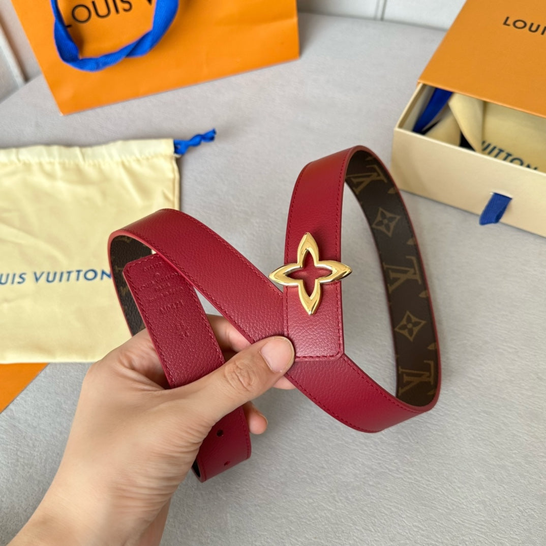 LV  MINI FLOWERGRAM 30MM REVERSIBLE BELT IN BLOOD RED CALFSKIN GOLD HARDWARE