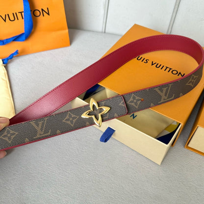 LV  MINI FLOWERGRAM 30MM REVERSIBLE BELT IN BLOOD RED CALFSKIN GOLD HARDWARE
